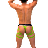 Bright neon green icker sea garter y back g string briefs with strappy harness design and black waistband with white stitching