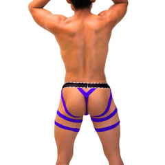 Purple and black strappy harness style underwear with v shaped back design from icker sea garter y back g string royal blue