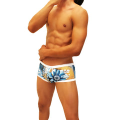 Blue and yellow floral patterned icker sea greek floral mesh side square cut trunk swimwear with white trim