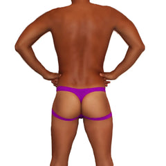 Icker sea jock thong underwear in purple with matching smooth fabric leg strap shown from the back side
