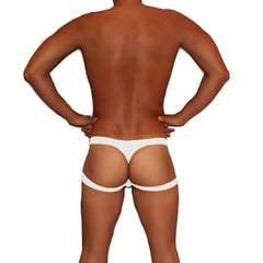 White icker sea jock thong underwear with two wide supportive straps around the hips shown from the back side
