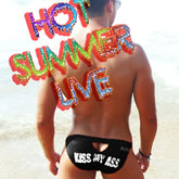 Black icker sea kiss my ass back cut out slip bikini swimwear showing black swim trunks with white text and logo
