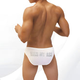 White briefs bikini underwear with silver kiss my ass text on the back by icker sea model coi-22-08