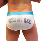 White briefs with light blue elastic waistband and kiss my ass printed in distressed gray lettering by icker sea