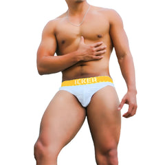 Light blue icker sea kiss my ass brief underwear with bright yellow waistband and bold black icker lettering