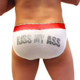 White briefs with red elastic waistband and distressed gray kiss my ass print from icker sea coleccion underwear