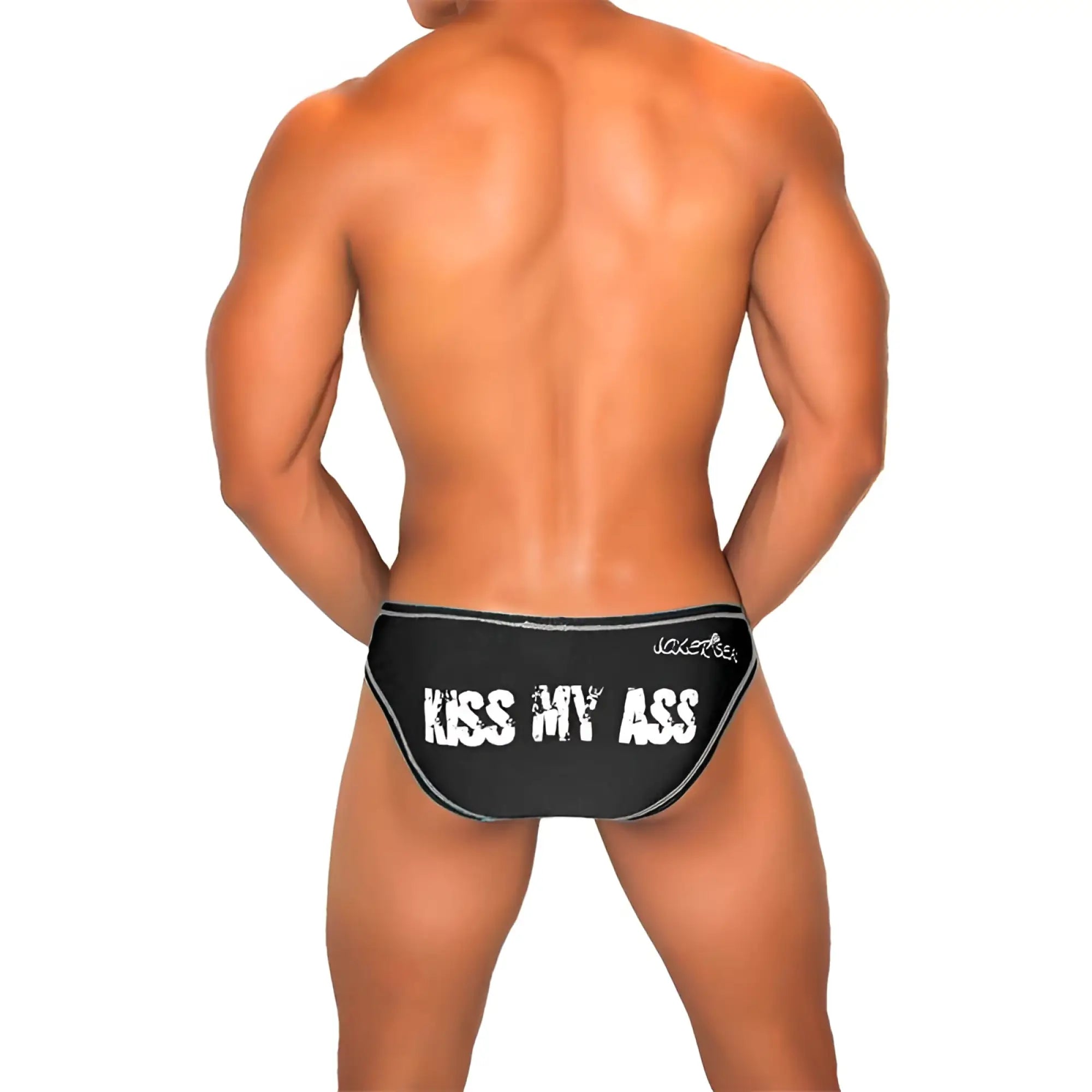 Black briefs with white kiss my ass text and silver trim featuring bold graphic design from icker sea bikini underwear