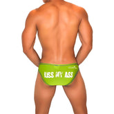 Bright lime green icker sea kiss my ass bikini briefs with bold white text and contrast stitching