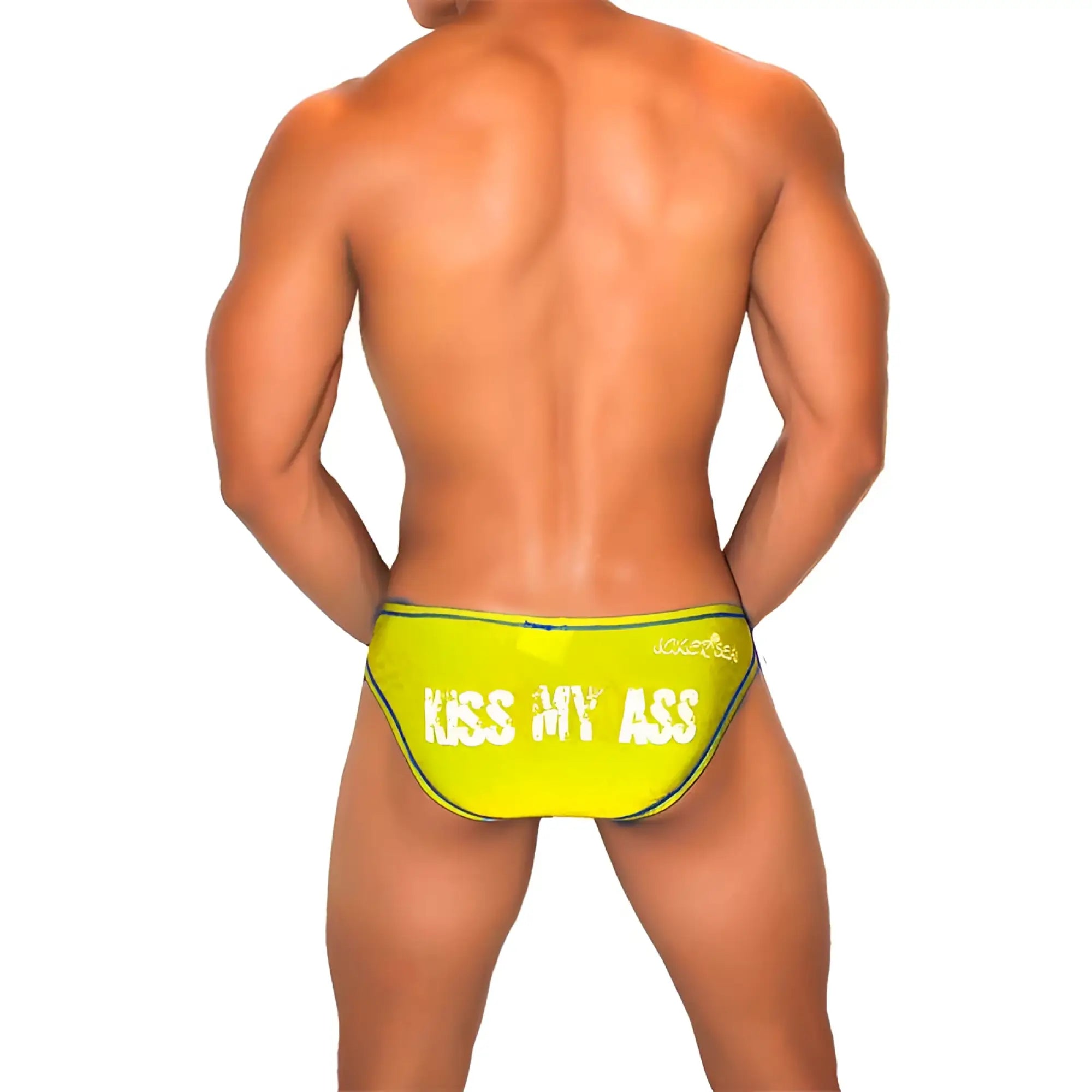Vibrant neon yellow icker sea kiss my ass swim trunks with bold white text and black contrast stitching trim