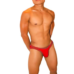 Red icker sea kiss my ass bikini underwear with contrast stitching and gray black striped trim for athletic wear