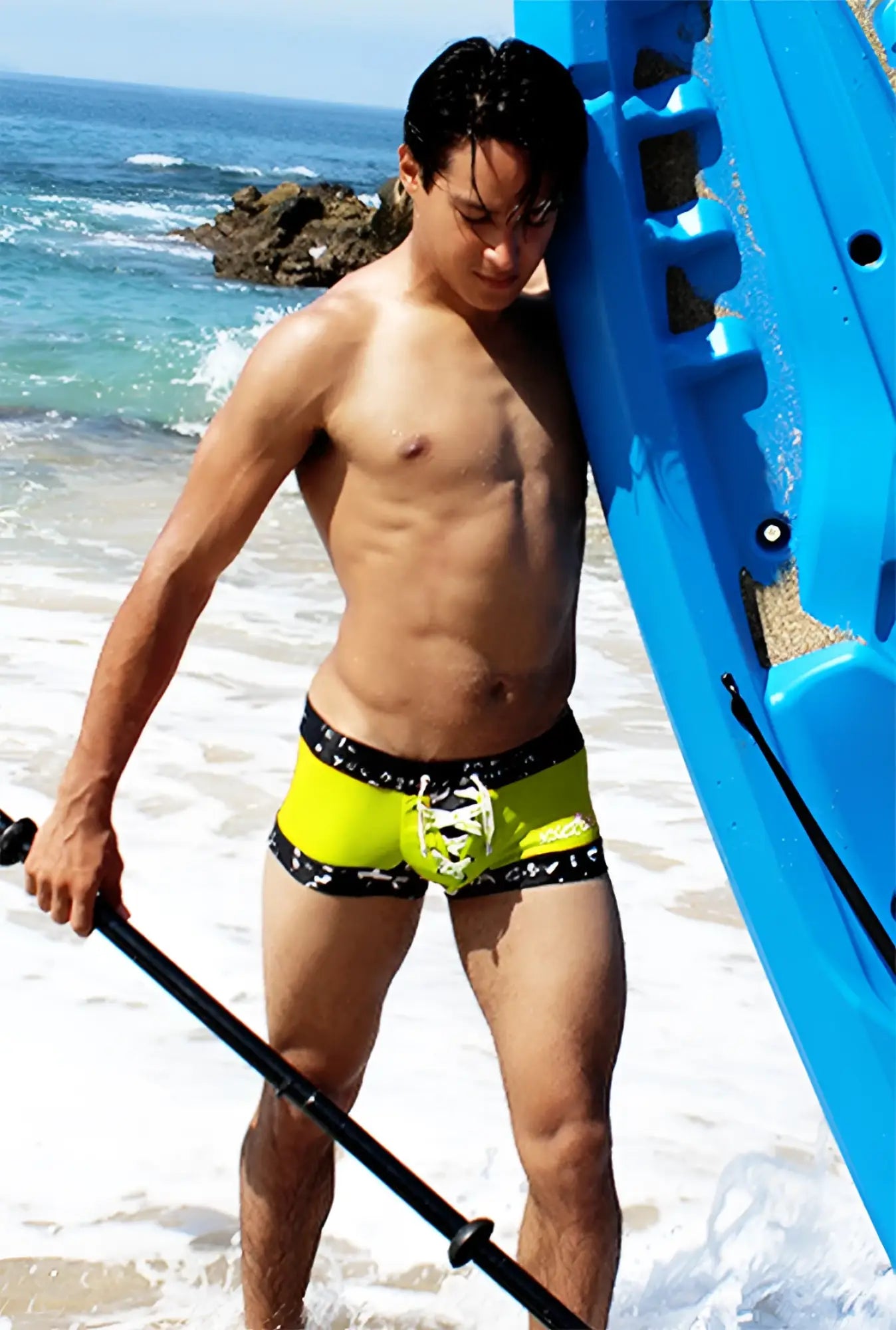 Icker Sea lace up contrast square cut neon yellow mango swim trunks with black patterned trim for swimwear COB-15-17