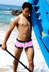Icker Sea lace up contrast square cut trunk swimwear in pink with black trim and lace-up front design