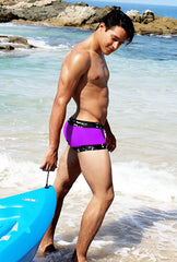 Icker Sea lace up contrast square cut trunk swimwear in purple with black trim and subtle pattern for swimming