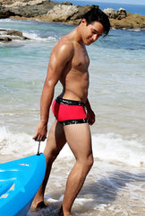 Icker Sea lace up contrast square cut trunk swimwear in red and black with a sleek athletic cut pattern