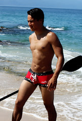 Icker Sea lace up contrast square cut trunk swimwear in red and black with a white logo on the side