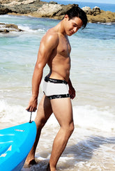 Icker Sea lace up contrast square cut white swim trunks with black patterned trim for swimwear use
