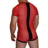 Red mesh short-sleeved bodysuit with black trim and central vertical stripe on back by icker sea lace up front