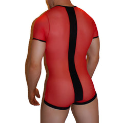 Red mesh short-sleeved bodysuit with black trim and central vertical stripe on back by icker sea lace up front