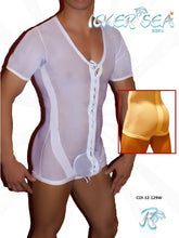 White sheer lace-up front mesh bodysuit with white trim and v-neckline by icker sea model COI-12-129W