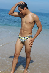 Men’s swim trunks Icker Sea Letters Bikini Swimwear COB-15-10 with vibrant green yellow and black graphic pattern