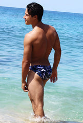 Blue and white patterned swim trunks from icker sea letters bikini swimwear in navy blue for beachwear use