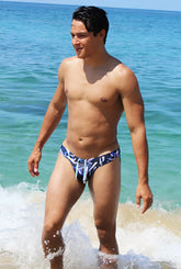 Icker sea letters bikini swimwear navy blue featuring blue and white patterned swim trunks with a distinctive design