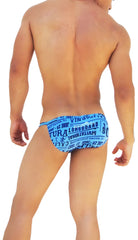 Blue swim trunks with bold vintage typography print featuring longboard and vintage from icker sea letters microslip bikini underwear collection