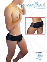 Black icker sea letters mini boxer brief underwear with gray patterned side panel for comfortable wear