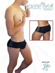 Black icker sea letters mini boxer brief underwear with gray patterned side panel for comfortable wear