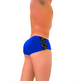 Icker Sea letters mini boxer brief underwear in dark blue with bright blue swim trunks and black side panel with white swirls