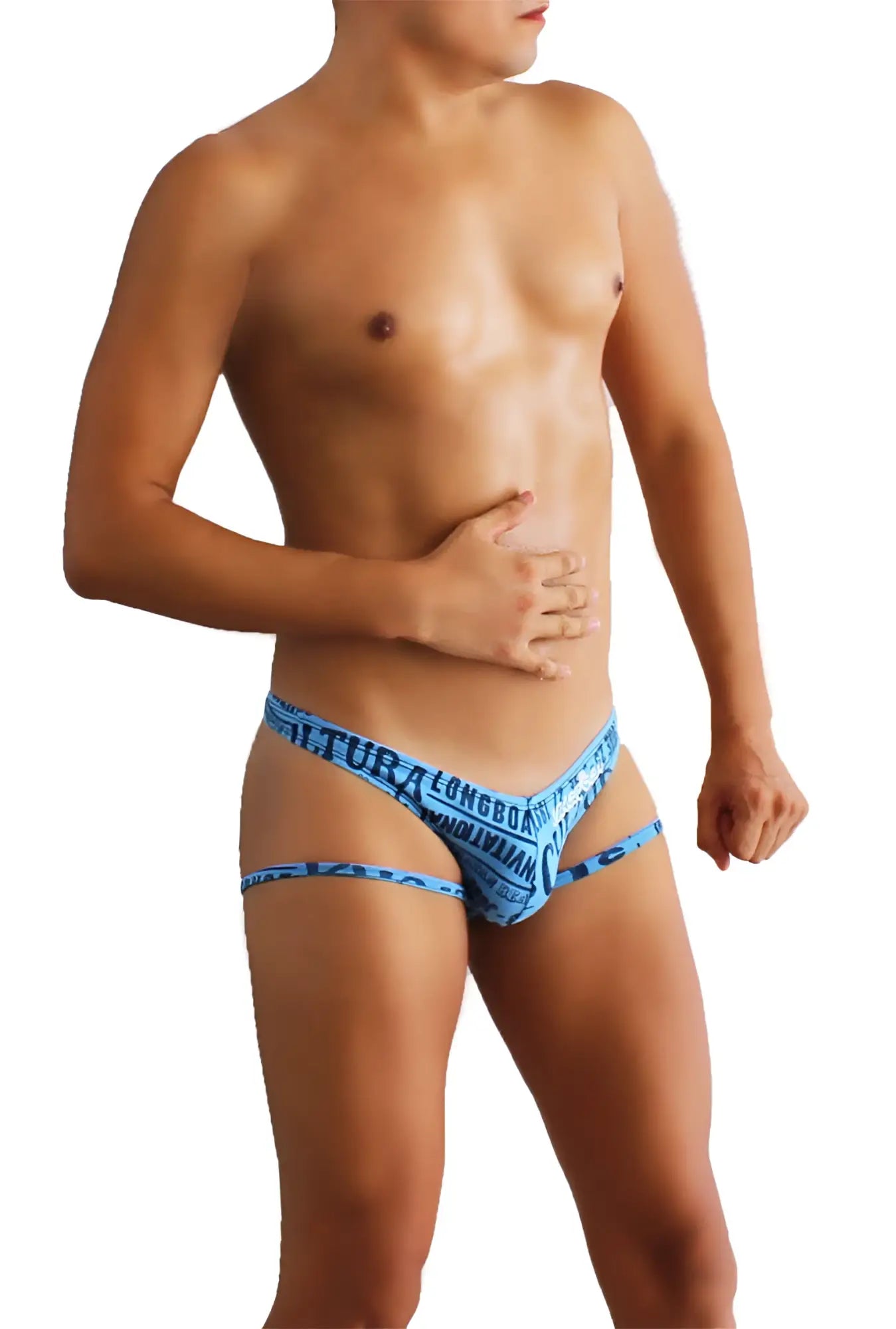 Blue patterned men’s briefs with text design from icker sea letters slip jock strap underwear blue coi-16-17 collection