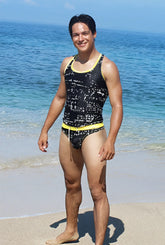 Black one-piece swimsuit with yellow trim and mathematical equation print from icker sea letters tank top set