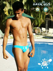 Bright blue icker sea lifeguard jock brief swimwear with white drawstring ties designed for men