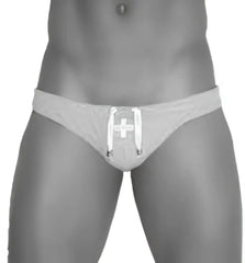 Gray Icker Sea lifeguard jock brief swimwear with white cross emblem and drawstring ties for athletic use