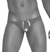 Black swim trunks with white drawstring and cross emblem from icker sea lifeguard micro slip bikini swimwear green cob 13 10