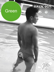 Back view of icker sea lifeguard micro slip bikini swimwear green with white logo swim trunks