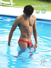 Red swim trunks with white trim from icker sea lifeguard micro slip bikini swimwear collection cob-13-10