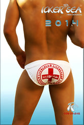 White icker sea lifeguard micro slip bikini swimwear with red cross emblem on white swim trunks front view