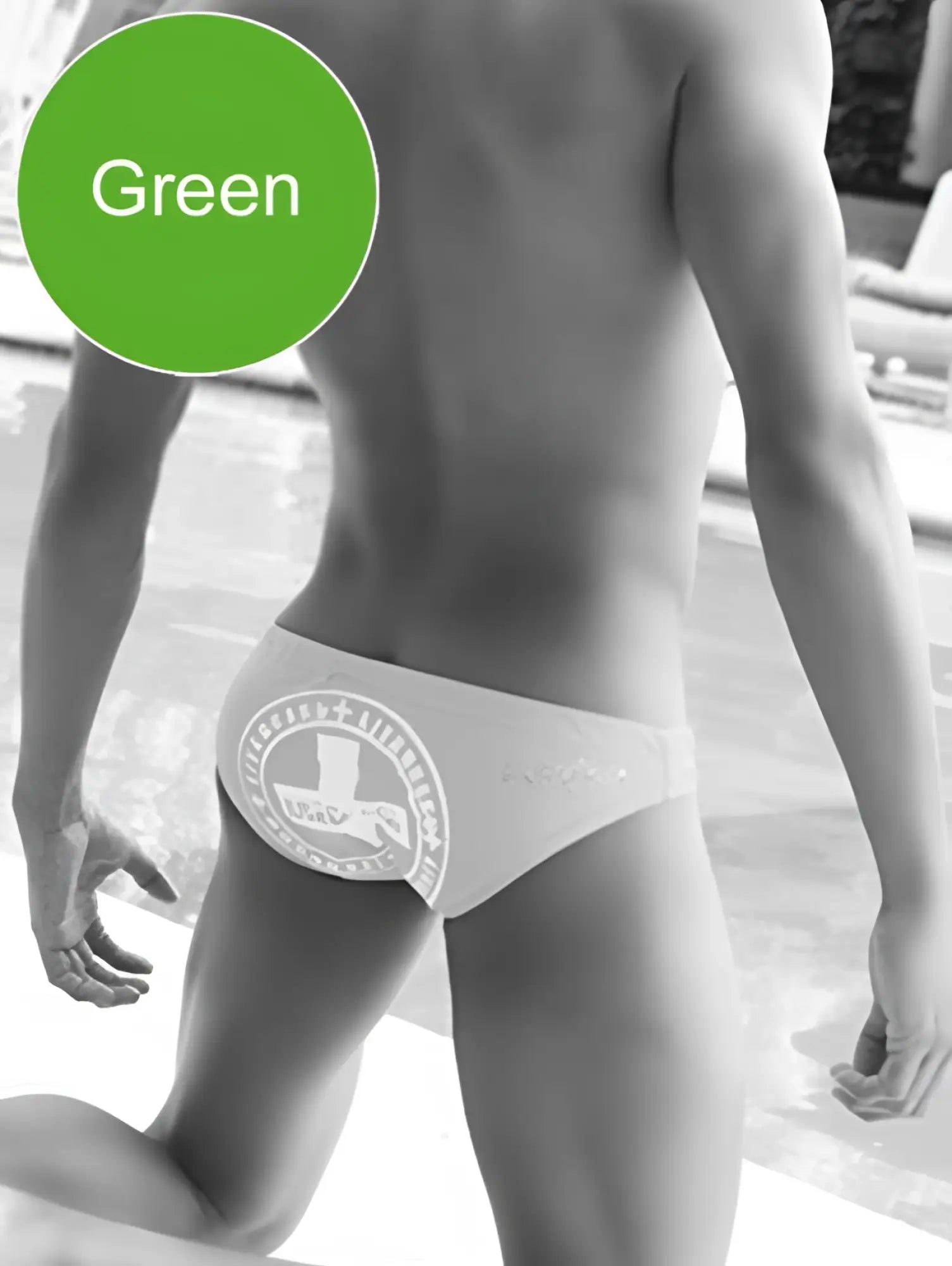 Green swim trunks with a white circular logo featuring a stylized figure and text in icker sea lifeguard slip bikini swimwear