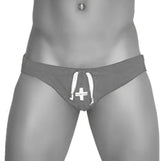 Gray Icker Sea lifeguard slip bikini swimwear with white drawstring and cross emblem for athletic use