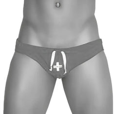 Gray athletic briefs with white drawstring and cross emblem for icker sea lifeguard slip bikini swimwear pink cob-13-23