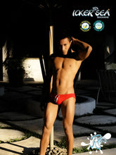 Red icker sea lifeguard slip bikini swimwear with white drawstring and side stripes swim trunks in red cob-13-23
