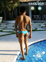 Bright turquoise icker sea lifeguard stitching tanga thong swimwear back with small white logo