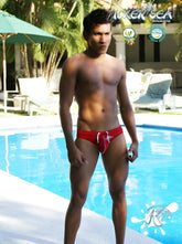 Icker sea lifeguard stitching tanga thong swimwear red with white drawstrings and small front logo