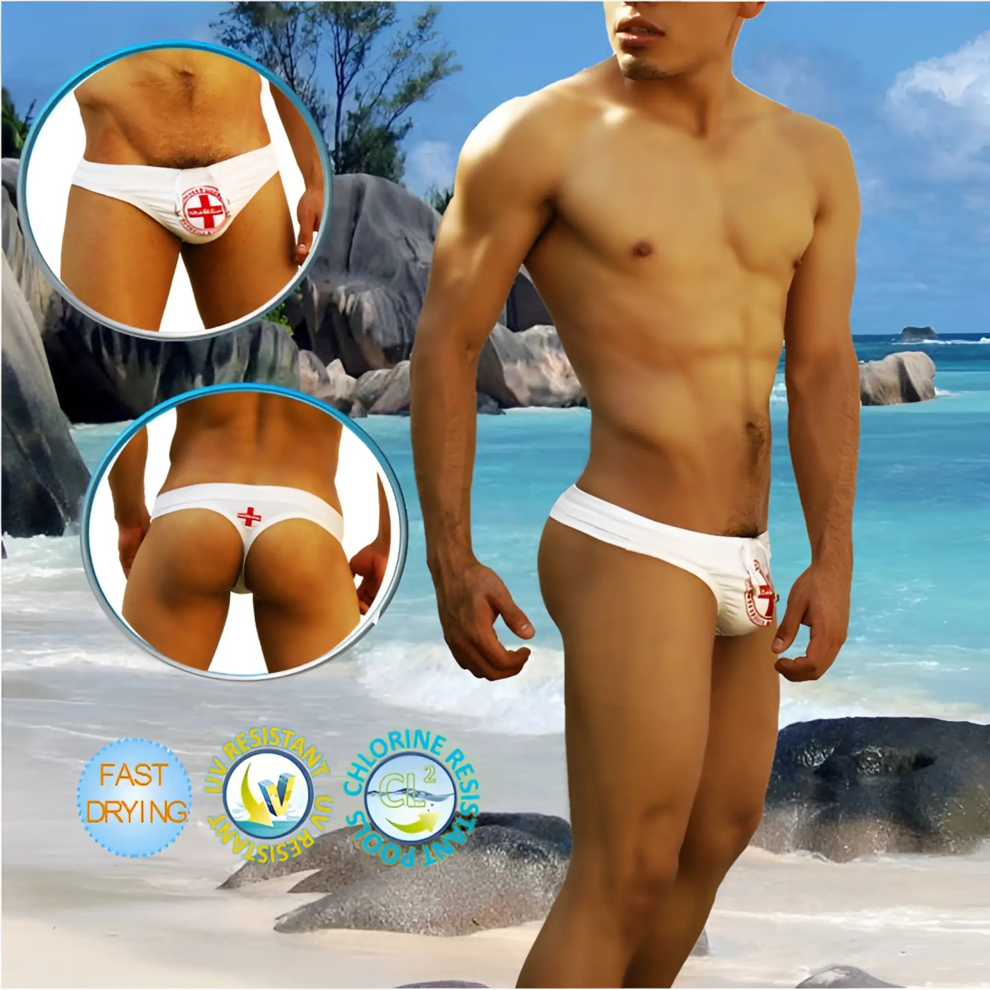 Icker sea lifeguard tanga thong swimwear white with red cross emblem on front in lightweight fabric