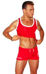 Red icker sea lifeguard tank top with white trim and small logo on left chest ideal for athletic use