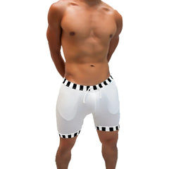 White athletic shorts with black and white striped waistband and hem and drawstring closure from icker sea lines