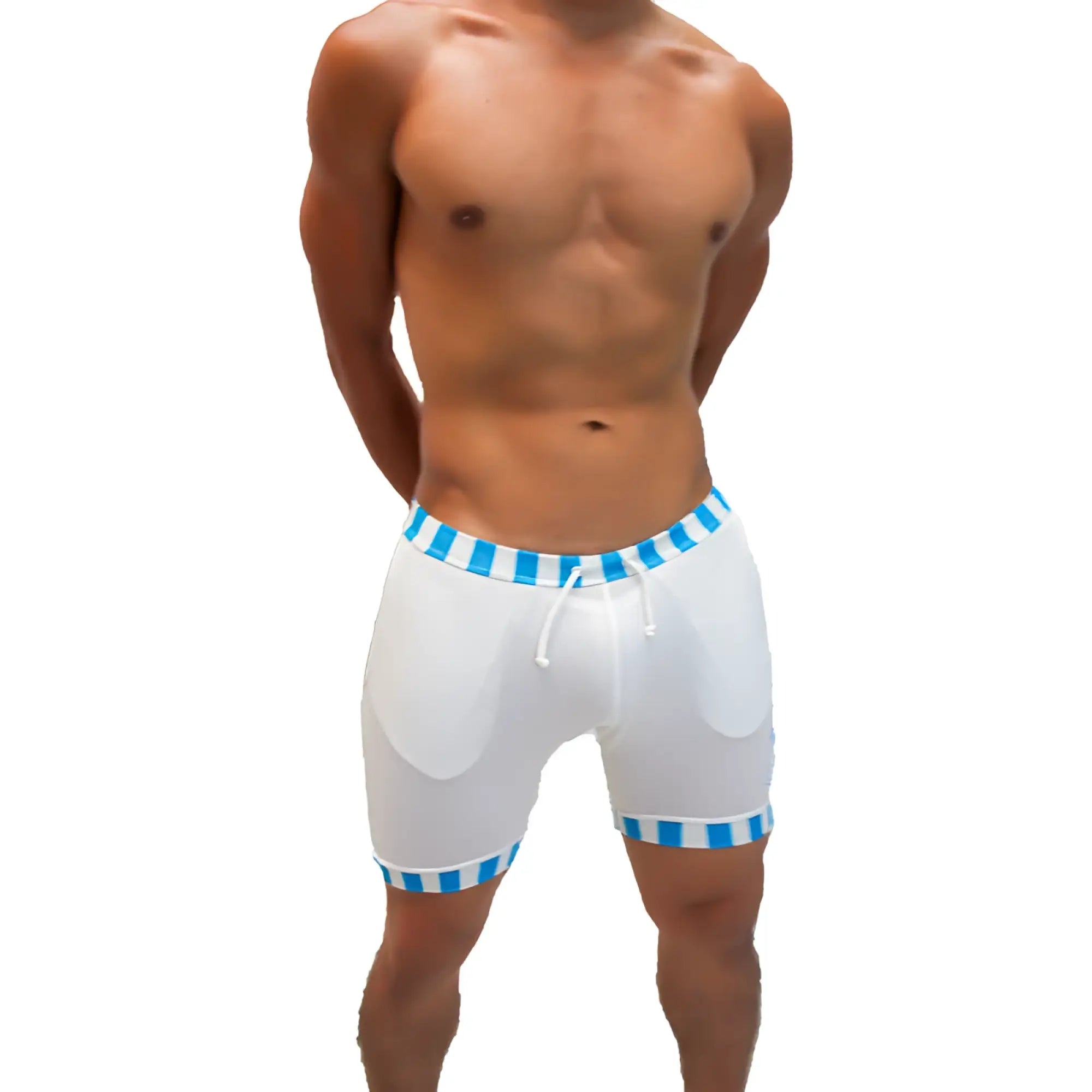 White athletic shorts with blue and white striped trim at waistband and hem and drawstring closure by icker sea lines