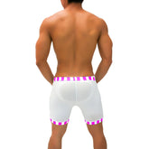 White athletic shorts with vibrant pink and white striped trim at waistband and hem from icker sea lines