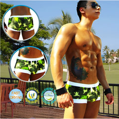 Icker Sea Little Frogs low square cut trunk swimwear in green and black camouflage with white trim for swimming